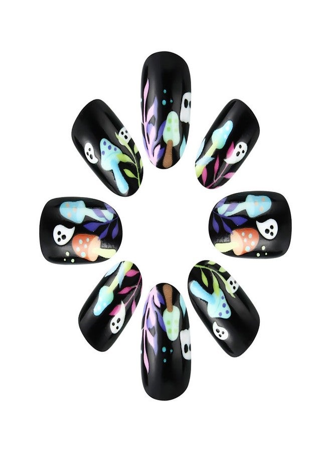 GRITOSE Halloween Press-on Oval Ghost Nails - White, Short, Mushroom Designs, Cute Ghosts, Acrylic, Full Cover, Spooky False Nails - 24 Pcs - Image 5