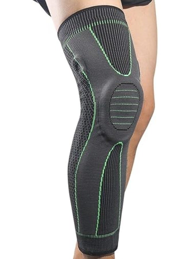 دعامة الركبة الرياضية الضاغطة – دعم كامل للركبة مع تقنية النسيج الشبكي المسامي – رمادي بخطوط خضراء – حماية عالية المرونة للرجال والسيدات – تناسب الركبة اليمنى أو اليسرى (قطعة واحدة) - Image 1