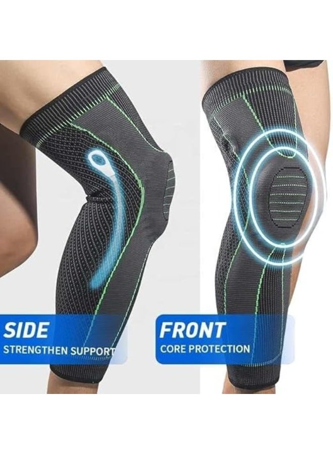 دعامة الركبة الرياضية الضاغطة – دعم كامل للركبة مع تقنية النسيج الشبكي المسامي – رمادي بخطوط خضراء – حماية عالية المرونة للرجال والسيدات – تناسب الركبة اليمنى أو اليسرى (قطعة واحدة) - Image 2