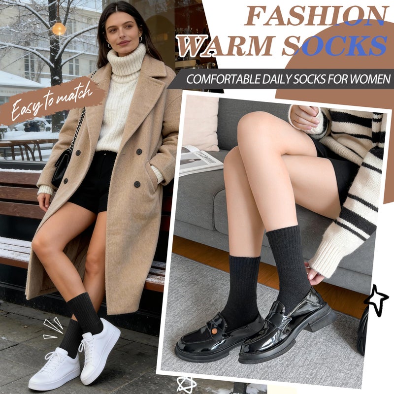 ProEtrade Merino Wool Socks Thermal Warm Winter Thick Hiking Boot Cabin Crew Cozy for Women Ladies Gift Stocking Stuffer Work Comfy Socks 5 Pack (Black Color) One Size - Image 4