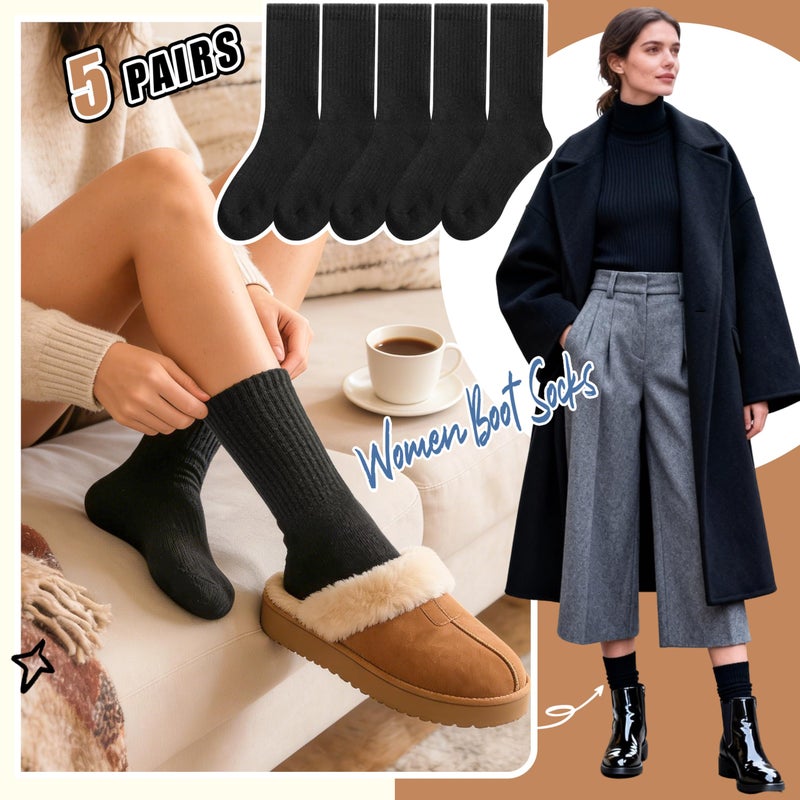 ProEtrade Merino Wool Socks Thermal Warm Winter Thick Hiking Boot Cabin Crew Cozy for Women Ladies Gift Stocking Stuffer Work Comfy Socks 5 Pack (Black Color) One Size - Image 5
