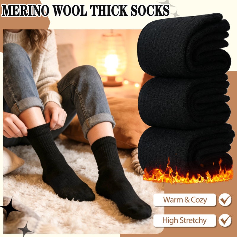 ProEtrade Merino Wool Socks Thermal Warm Winter Thick Hiking Boot Cabin Crew Cozy for Women Ladies Gift Stocking Stuffer Work Comfy Socks 5 Pack (Black Color) One Size - Image 2