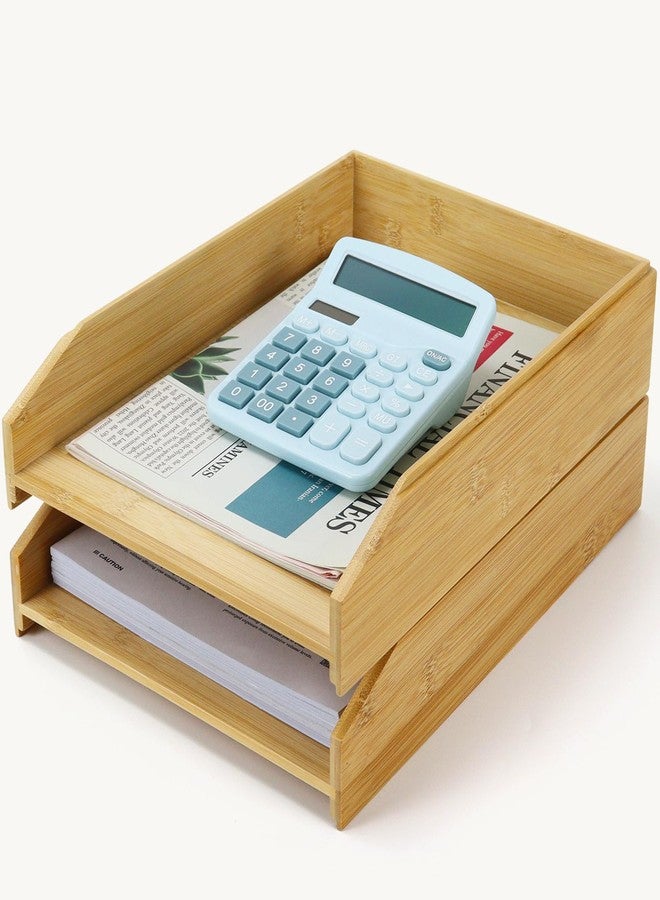 Multibey A4 Bamboo Stackable Paper Tray 2-Pack, 2-Tier Anti-Toppling Desk Organizer, Wooden Letter Document Magazine Tray Desktop File Folder Holder for Office & Home Supplies - Image 1