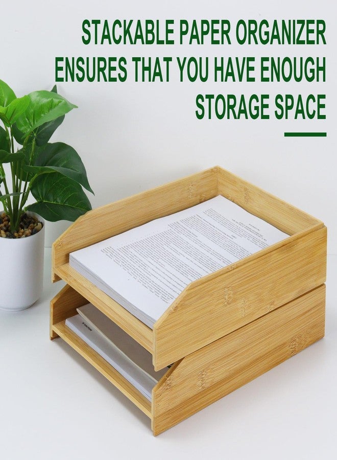 Multibey A4 Bamboo Stackable Paper Tray 2-Pack, 2-Tier Anti-Toppling Desk Organizer, Wooden Letter Document Magazine Tray Desktop File Folder Holder for Office & Home Supplies - Image 2