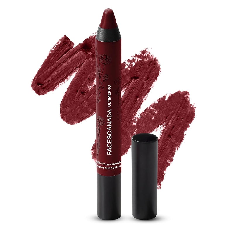 Ultime Pro Matte Lip Crayon - Midnight Rose | 8 HR Long Lasting | Intense Color in One Stroke | Hydrating Lips with Chamomile & Cocoa Butter | 0.10 Oz/2.8g
