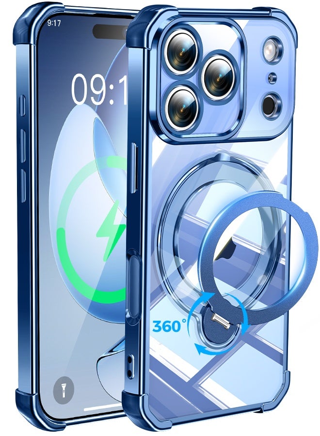 Clear Blue Electroplated Magnetic Kickstand Phone Case For iPhone 17 Pro 6.3 Inch, MagSafe Compatible Four Corner Airbag Shockproof Transparent Cover - Image 1