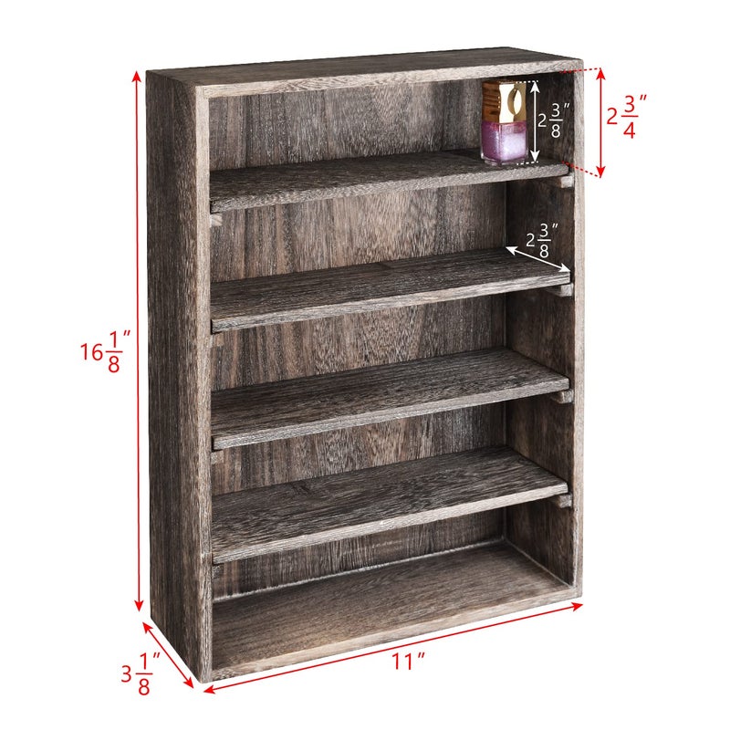 Ikee Design Wooden Wall-Mounted Display Shelves Rack for Collectibles-Figures,Shot Glasses,Spice Can,Cosmetics or Perfume-5 Adjustable Height Shelves,Space-Saving,Coffee Color - Image 2