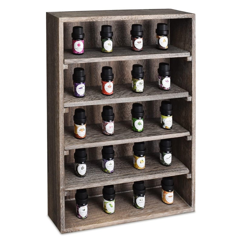Ikee Design Wooden Wall-Mounted Display Shelves Rack for Collectibles-Figures,Shot Glasses,Spice Can,Cosmetics or Perfume-5 Adjustable Height Shelves,Space-Saving,Coffee Color - Image 1