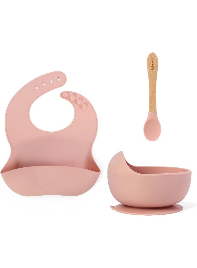 Ginbear Baby Bowls with Suction, Silicone Bibs, Self Feeding Spoons, Led Weaning Supplies, Toddler Eating Set for Ages 6 Months+ (Baby Pink) - Image 1