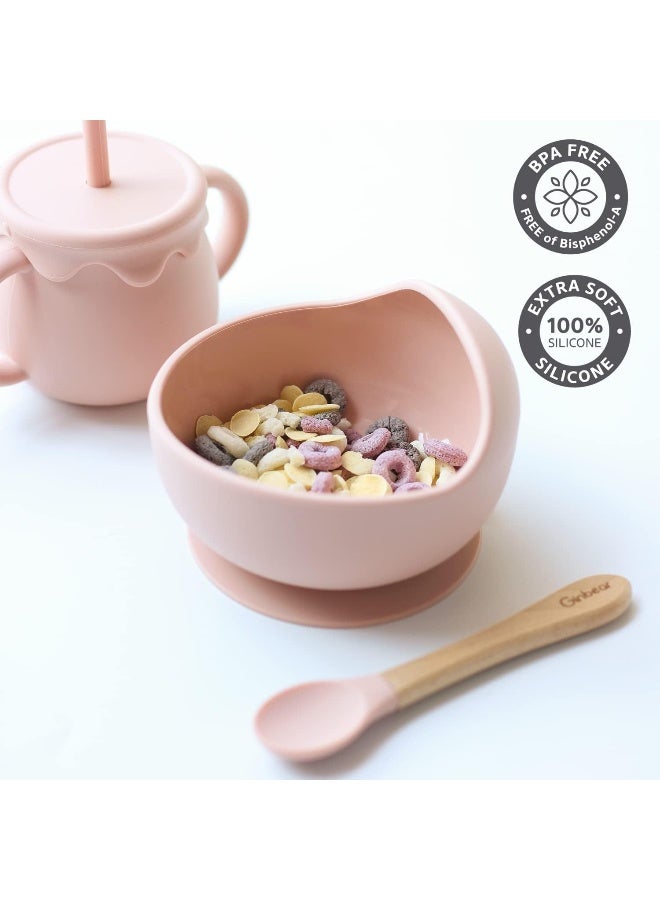 Ginbear Baby Bowls with Suction, Silicone Bibs, Self Feeding Spoons, Led Weaning Supplies, Toddler Eating Set for Ages 6 Months+ (Baby Pink) - Image 3