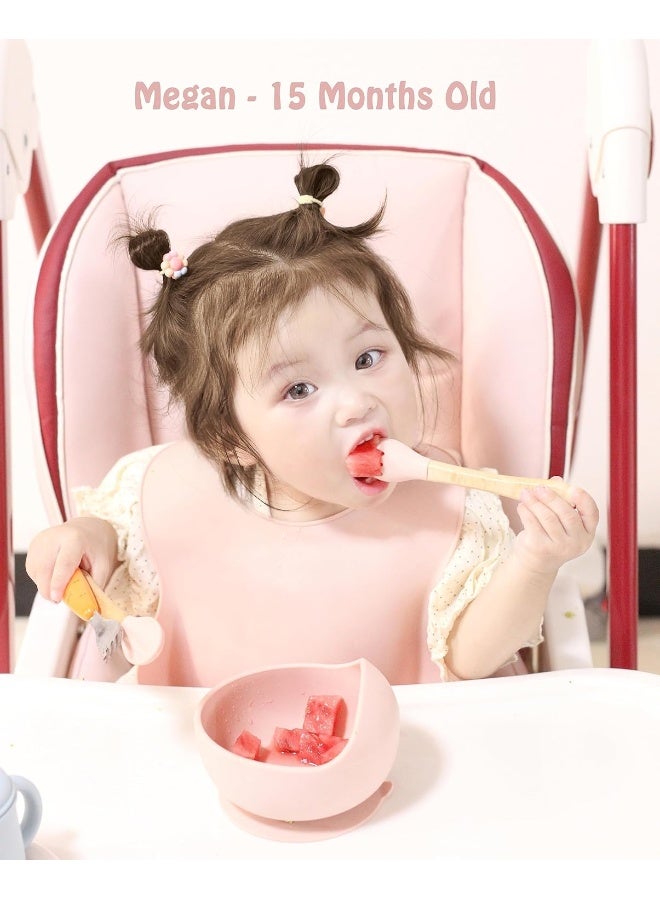 Ginbear Baby Bowls with Suction, Silicone Bibs, Self Feeding Spoons, Led Weaning Supplies, Toddler Eating Set for Ages 6 Months+ (Baby Pink) - Image 2