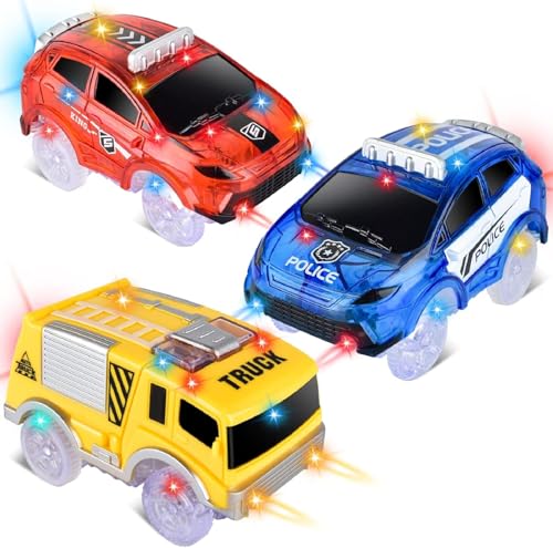 INLAIER Track Cars Only Replacement Light Up Toy Cars with 5 Flashing LED Lights for Tracks Glow in the Dark Flex Race Car Track Accessories Compatible with Most Car Tracks for Kids 3 Pack with Screwdriver - Image 1