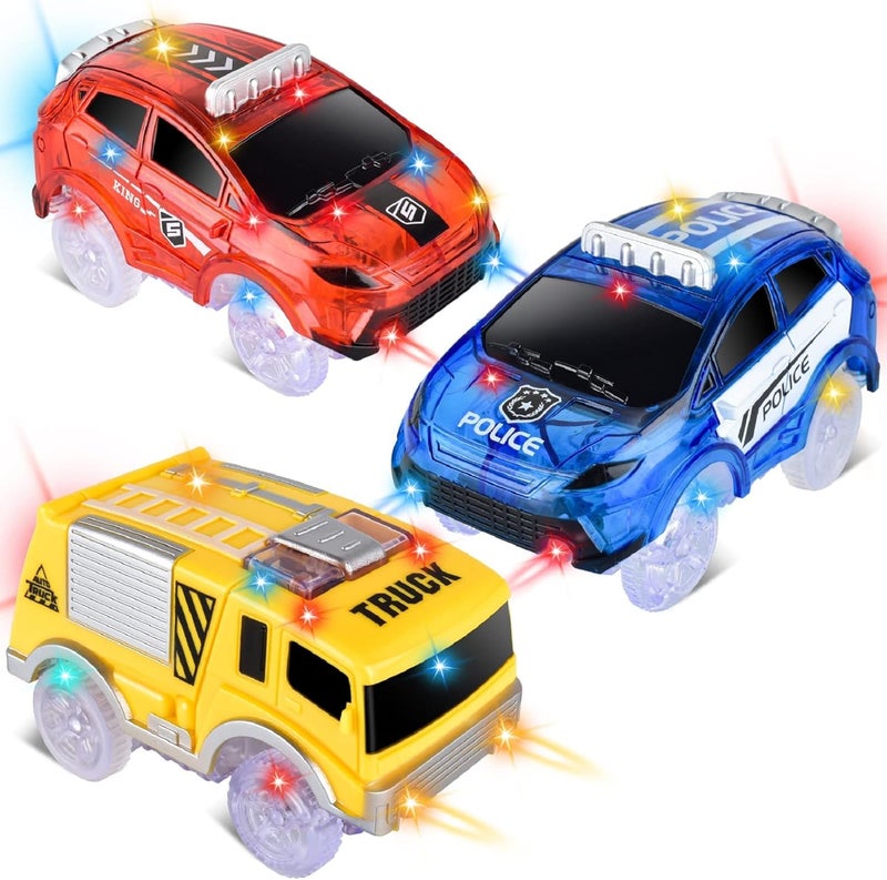 INLAIER Track Cars Only Replacement Light Up Toy Cars with 5 Flashing LED Lights for Tracks Glow in the Dark Flex Race Car Track Accessories Compatible with Most Car Tracks for Kids 3 Pack with Screwdriver - Image 2