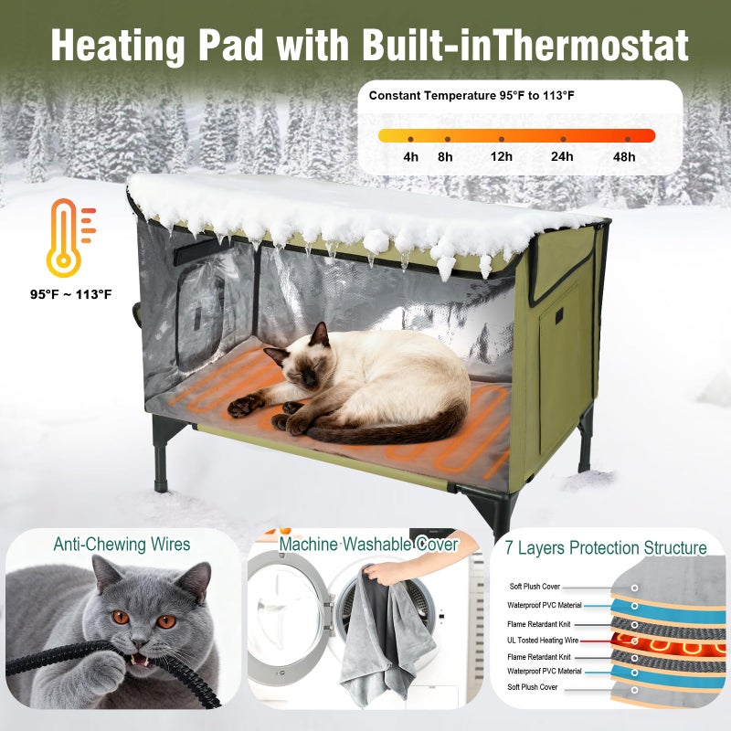 TECHTAIL Large Heated Outdoor Cat House for Outside Winter, Insulated Weatherproof Cat Shelter with Slanted Roof, Escape Door & Heating Pad, Elevated Kitty Bed Feral Cat House for Outdoor Cats Stray Barn Cat - Image 4
