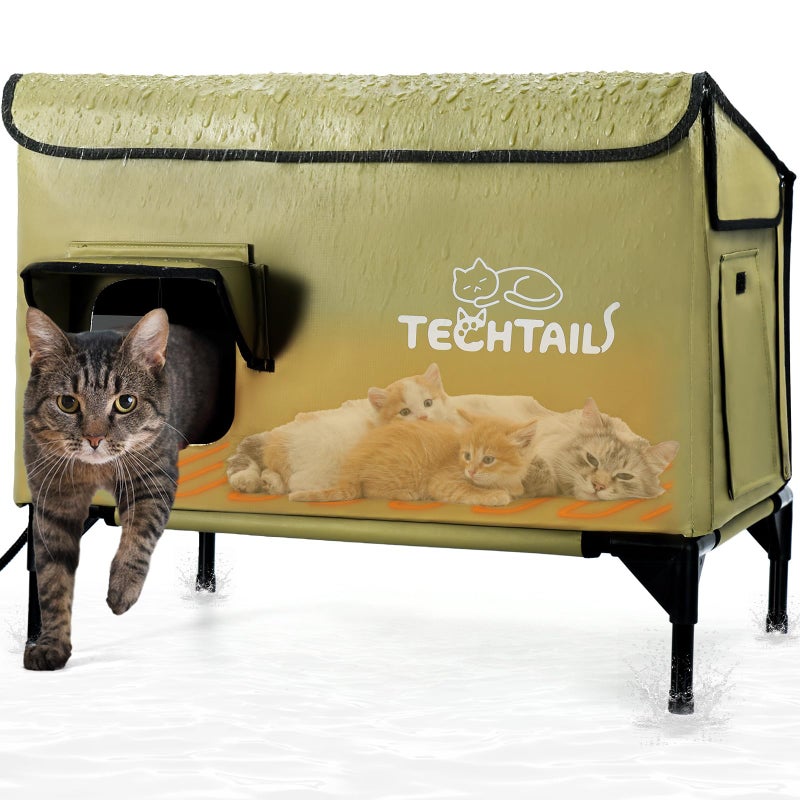 TECHTAIL Large Heated Outdoor Cat House for Outside Winter, Insulated Weatherproof Cat Shelter with Slanted Roof, Escape Door & Heating Pad, Elevated Kitty Bed Feral Cat House for Outdoor Cats Stray Barn Cat - Image 1