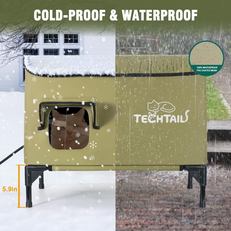 TECHTAIL Large Heated Outdoor Cat House for Outside Winter, Insulated Weatherproof Cat Shelter with Slanted Roof, Escape Door & Heating Pad, Elevated Kitty Bed Feral Cat House for Outdoor Cats Stray Barn Cat - Image 3