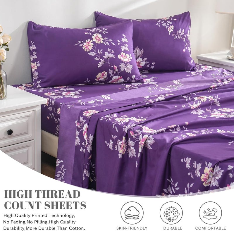 Bedlifes Full Sheet Set Ultra Soft, Breathable, Silky Flower Deep Pocket 100% Microfiber Bedding, 4 Piece Full Size Dark Purple Floral - Image 3