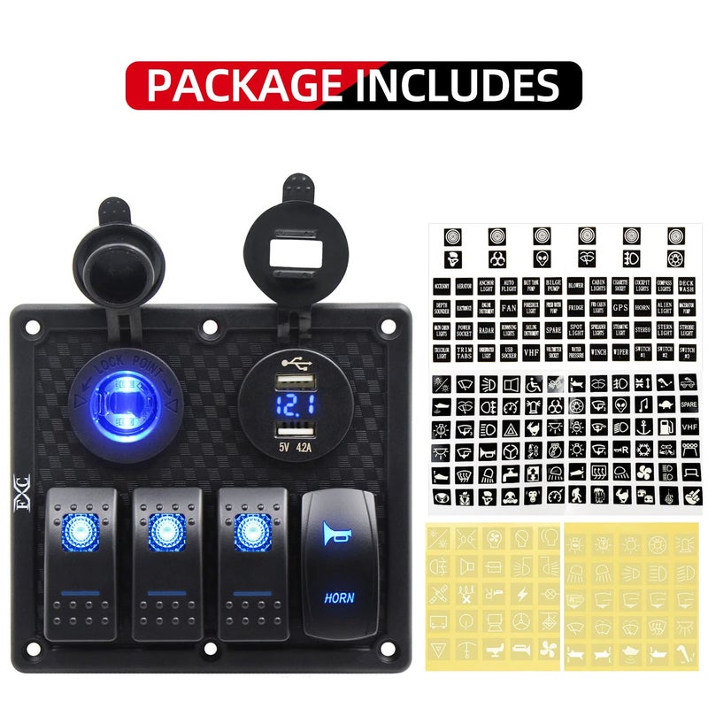 FXC Waterproof Marine Boat Rocker Switch Panel 4 Gang with Momentary Horn Switch, Dual USB Slot Socket + LED Voltmter + Cigarette Lighter LED Light for Car Rv Vehicles Truck - Image 3