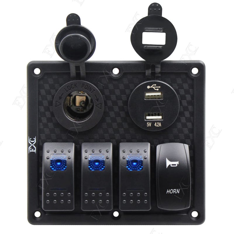 FXC Waterproof Marine Boat Rocker Switch Panel 4 Gang with Momentary Horn Switch, Dual USB Slot Socket + LED Voltmter + Cigarette Lighter LED Light for Car Rv Vehicles Truck - Image 5