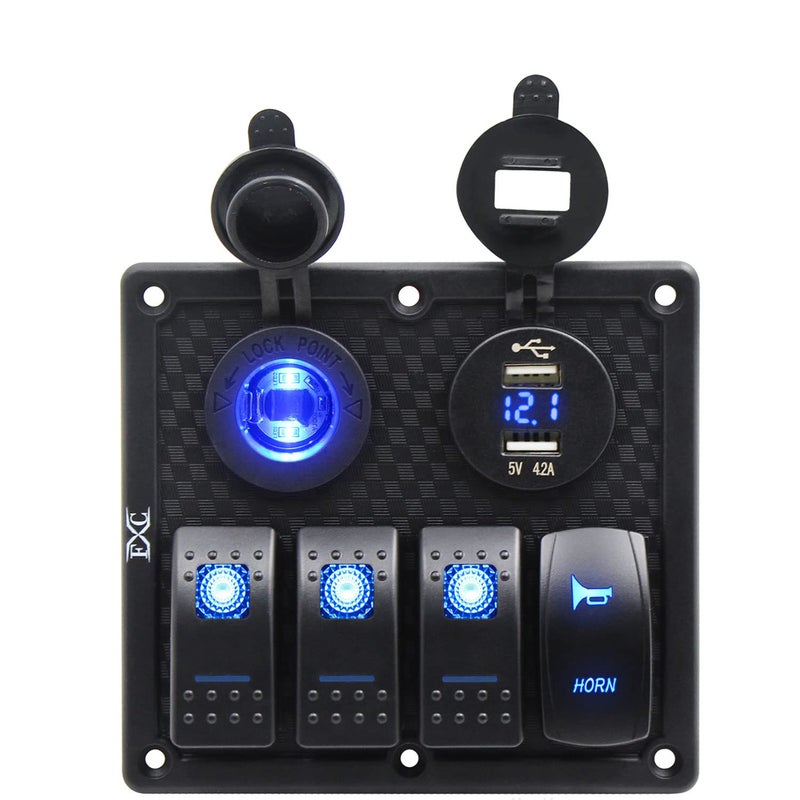 FXC Waterproof Marine Boat Rocker Switch Panel 4 Gang with Momentary Horn Switch, Dual USB Slot Socket + LED Voltmter + Cigarette Lighter LED Light for Car Rv Vehicles Truck - Image 1