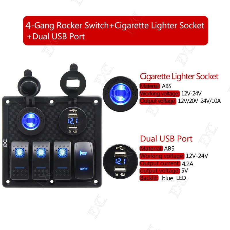 FXC Waterproof Marine Boat Rocker Switch Panel 4 Gang with Momentary Horn Switch, Dual USB Slot Socket + LED Voltmter + Cigarette Lighter LED Light for Car Rv Vehicles Truck - Image 2