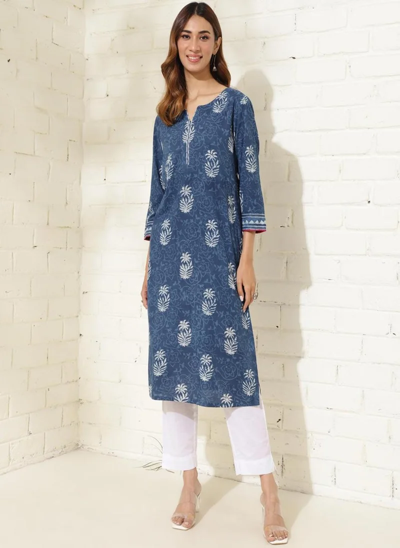 فاب انديا Indigo Cotton Printed Long Kurta