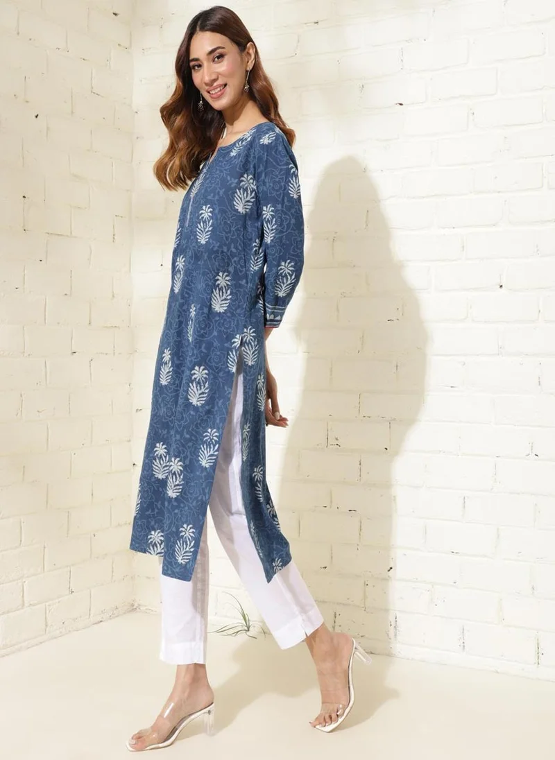 فاب انديا Indigo Cotton Printed Long Kurta