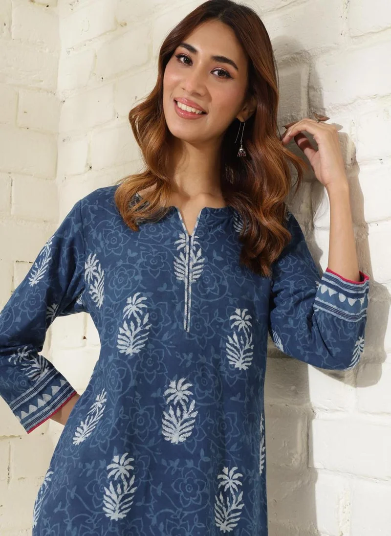 فاب انديا Indigo Cotton Printed Long Kurta