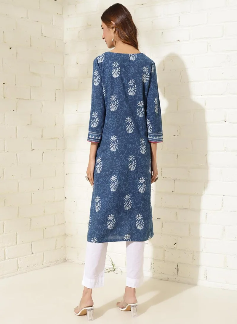 فاب انديا Indigo Cotton Printed Long Kurta