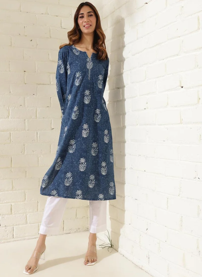 فاب انديا Indigo Cotton Printed Long Kurta