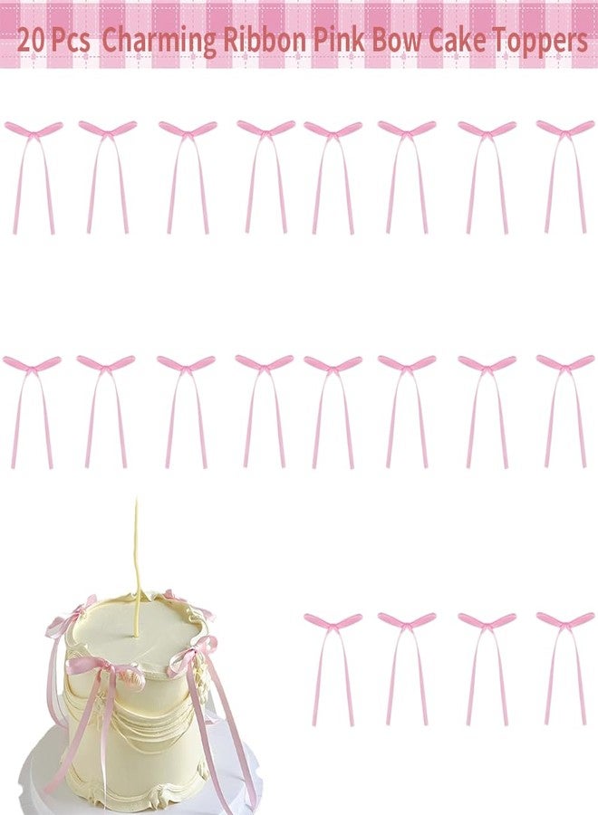 Doacpcr 20 PCS Pink Bow Cupcake Toppers, Pink Ribbon Bow Cake Decorations, Bowknot Ribbons Coquette, High Footed Cup Balloon Wall Party Decorations, Bridal Wedding Cake Dessert Baby Party Supplies - Image 3
