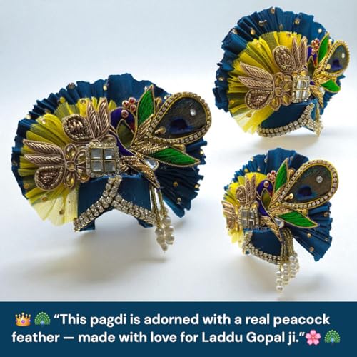 Vrindavanstore.in Janmashtami Special Yellow & Blue Laddu Gopal Dress | Designer Peacock Theme Poshak with Pearl & Stone Work Includes Pagdi, Patka & Choli Gopal Ji Outfit for Raksha Bandhan (Size- 6) - Image 3