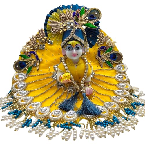 Vrindavanstore.in Janmashtami Special Yellow & Blue Laddu Gopal Dress | Designer Peacock Theme Poshak with Pearl & Stone Work Includes Pagdi, Patka & Choli Gopal Ji Outfit for Raksha Bandhan (Size- 6) - Image 1