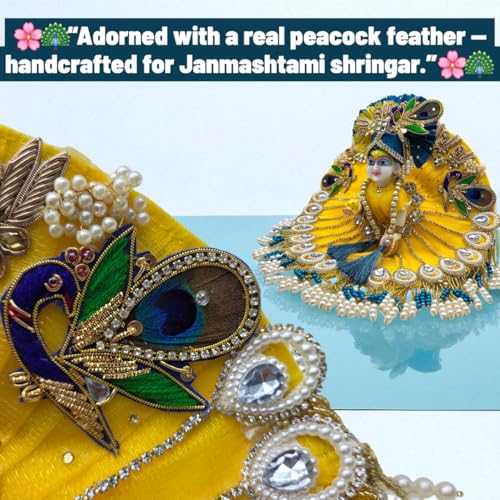 Vrindavanstore.in Janmashtami Special Yellow & Blue Laddu Gopal Dress | Designer Peacock Theme Poshak with Pearl & Stone Work Includes Pagdi, Patka & Choli Gopal Ji Outfit for Raksha Bandhan (Size- 6) - Image 2
