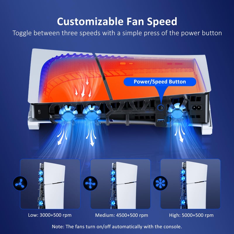 NEXIGO حامل أفقي NexiGo لجهاز PS5 Slim مع مروحة تبريد صامتة محسّنة، سرعة قابلة للتعديل، [ضوضاء منخفضة]، [تشغيل/إيقاف تلقائي]، منفذ USB 3.0، ضوء LED مدمج، للإصدارات القرصية والرقمية - Image 3