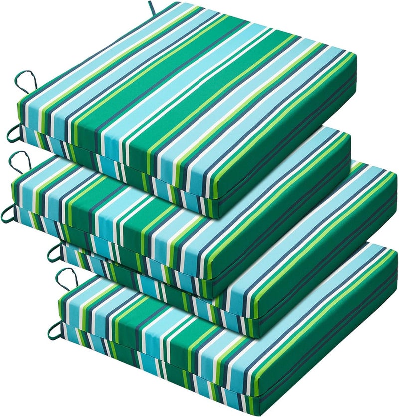 Basic Beyond Outdoor Chair Cushions for Patio Furniture, Waterproof Outdoor Cushions, Square Corner Patio Chair Cushions Set of 4 with Ties, 18.5"x16"x3", Pinstriped Green - Image 1