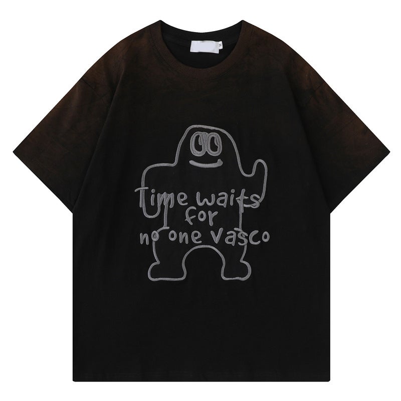 YPRS Men's American Style Retro Hip Hop Cartoon Embroidered Short Sleeve T-Shirt for Men and Women Summer Loose oversize Round Neck - Image 2