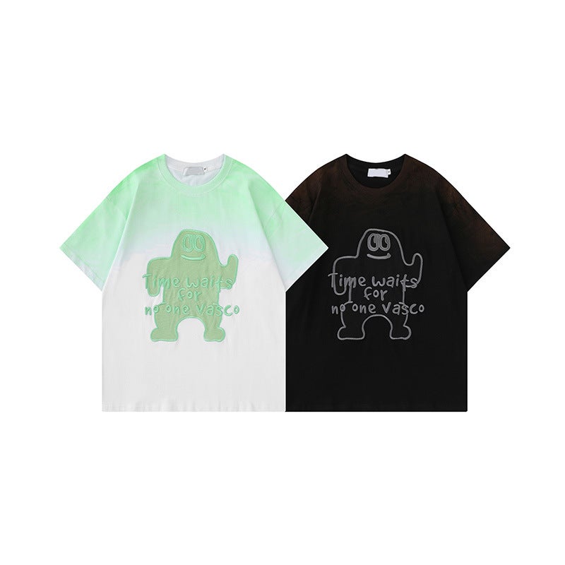 YPRS Men's American Style Retro Hip Hop Cartoon Embroidered Short Sleeve T-Shirt for Men and Women Summer Loose oversize Round Neck - Image 4