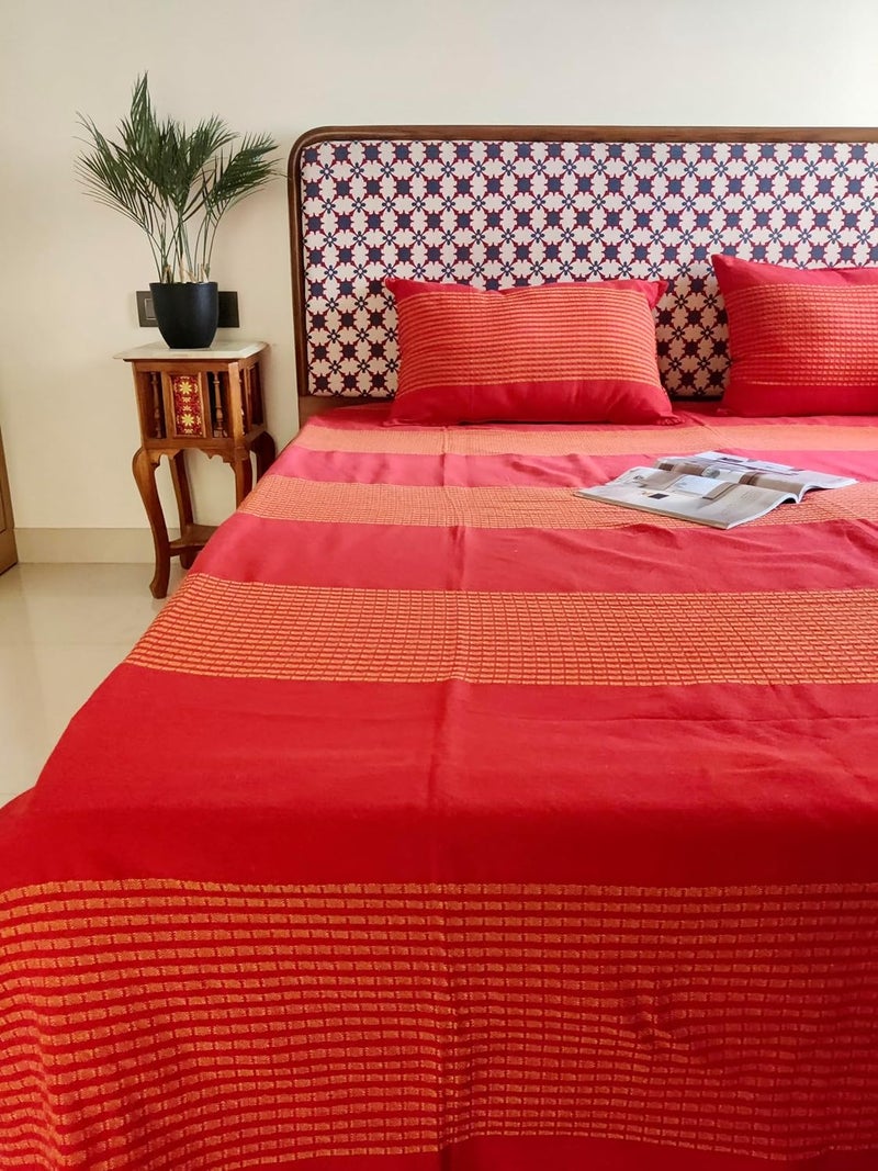 RANGBHAR Handloom Cotton 220 TC Striped Bedsheet For Double Bed Organic Woven Bedsheet With 2 Pillow Covers Red 90 X 100 Inch - Image 1