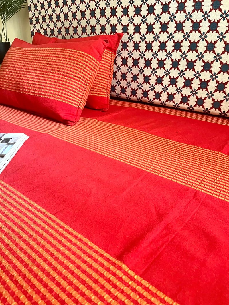 RANGBHAR Handloom Cotton 220 TC Striped Bedsheet For Double Bed Organic Woven Bedsheet With 2 Pillow Covers Red 90 X 100 Inch - Image 3
