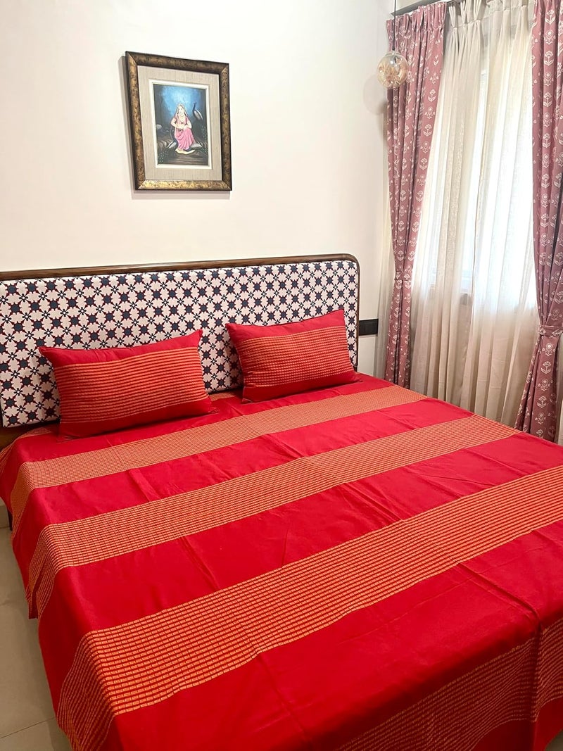 RANGBHAR Handloom Cotton 220 TC Striped Bedsheet For Double Bed Organic Woven Bedsheet With 2 Pillow Covers Red 90 X 100 Inch - Image 4