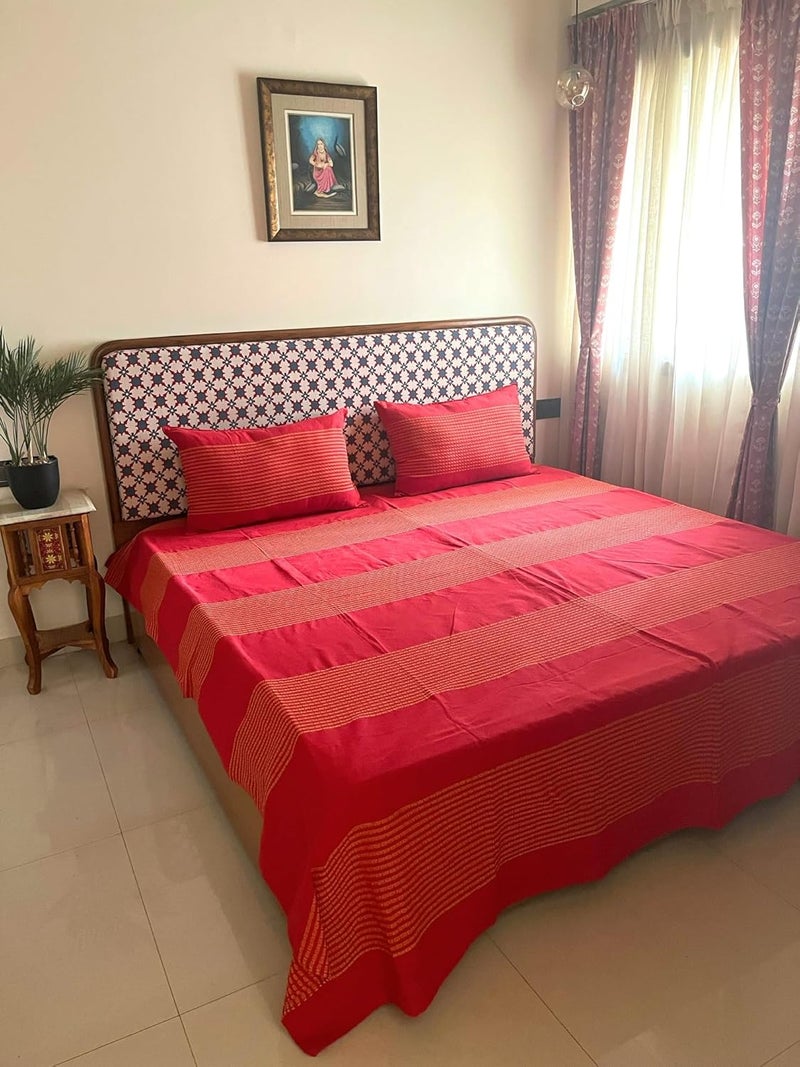 RANGBHAR Handloom Cotton 220 TC Striped Bedsheet For Double Bed Organic Woven Bedsheet With 2 Pillow Covers Red 90 X 100 Inch - Image 2