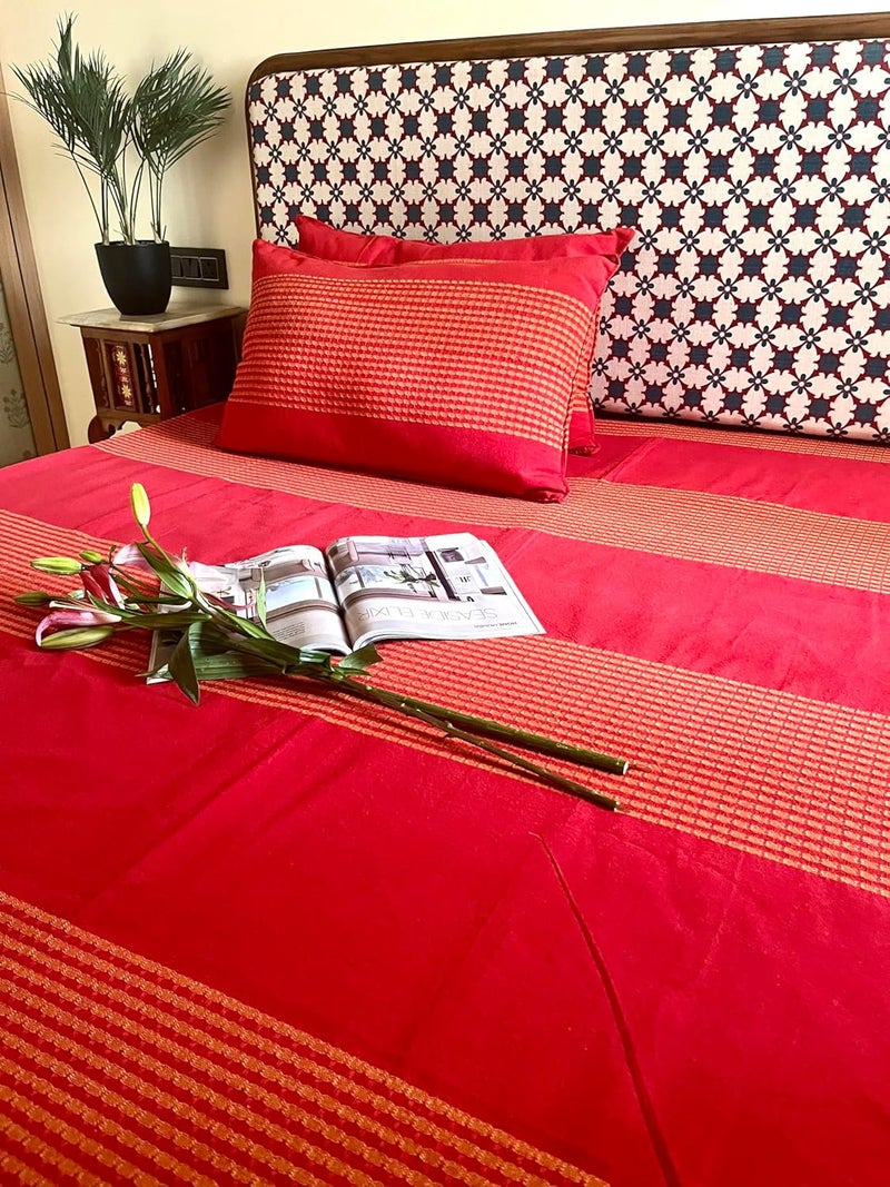 RANGBHAR Handloom Cotton 220 TC Striped Bedsheet For Double Bed Organic Woven Bedsheet With 2 Pillow Covers Red 90 X 100 Inch - Image 5