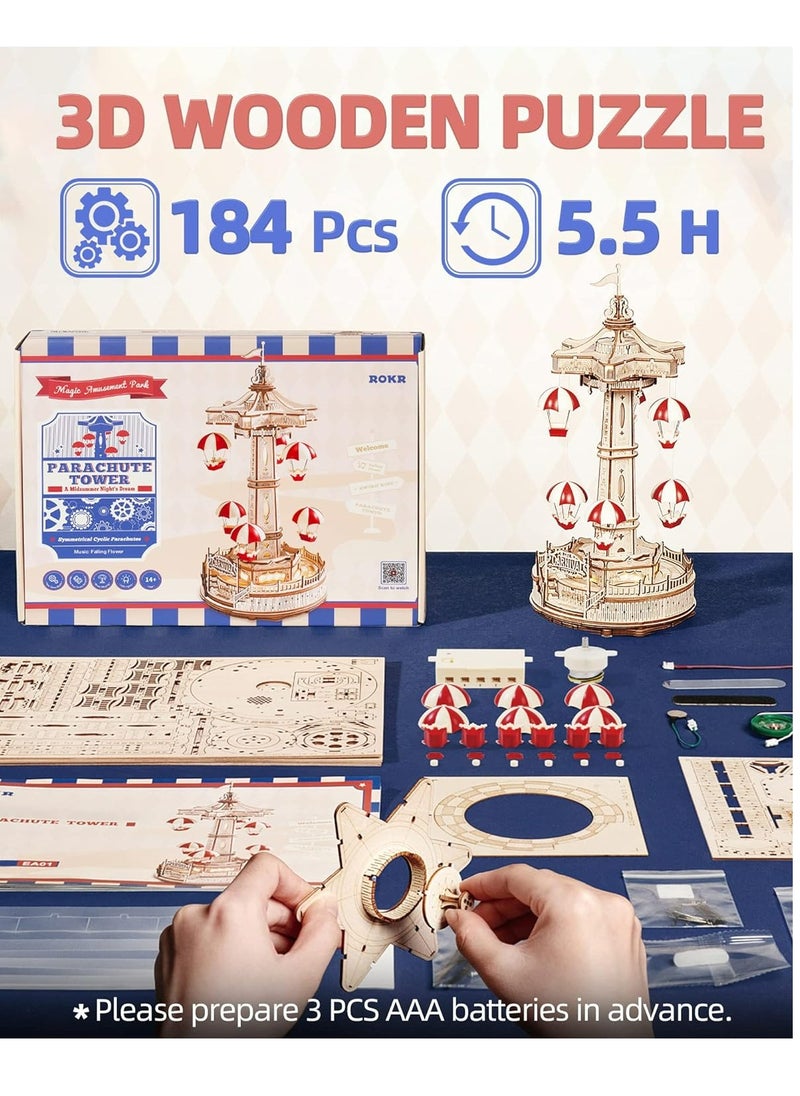 Robotime ROKR Parachute Tower DIY Music Box 3D Wooden Puzzle EA01, Assembly Brain Teaser 3D Wooden Puzzle DIY Build Model Crafts Kits, Unique Gifts and Home Decor for Teens or Adults  - Image 4