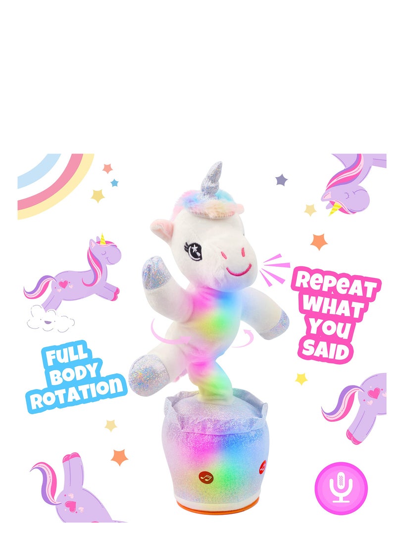 Suntown Glowing Dancing Unicorn Toy Repeats What You Say Talking Toy Wriggle Singing Mimicking Twisting Electric Light Up Interactive Animated Toy Speaking Gift for Kids, White, 12.5' - Image 1
