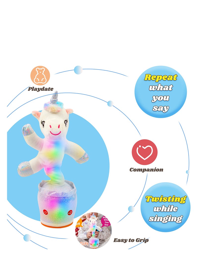 Suntown Glowing Dancing Unicorn Toy Repeats What You Say Talking Toy Wriggle Singing Mimicking Twisting Electric Light Up Interactive Animated Toy Speaking Gift for Kids, White, 12.5' - Image 5