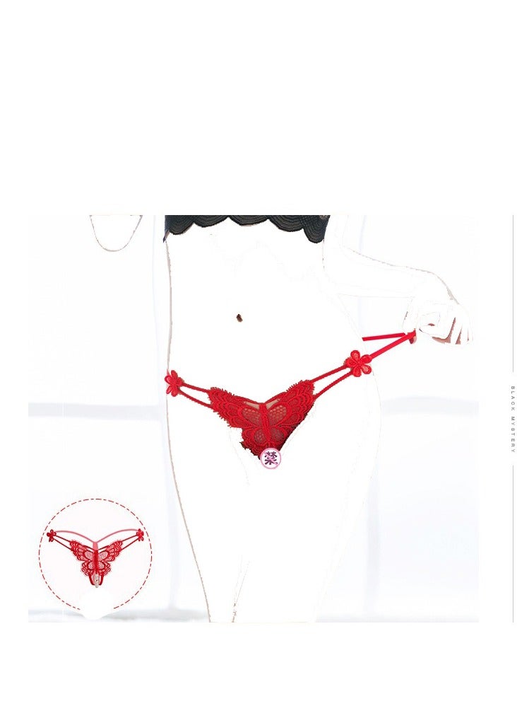 Women Lace Mid Rise Brief Underwear Breathable Scallop Trim Panties With Pearls.  - Image 1
