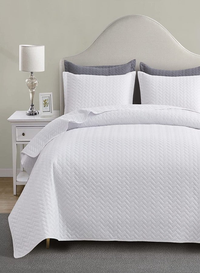 Maple&Stone White Quilt Set Queen Size, Lightweight Bedspread Ultrasonic Chevron Pattern Light Coverlet for All Season Comforter Bedding Decor - 3 Piece Full Bed Cover Sets - Image 1