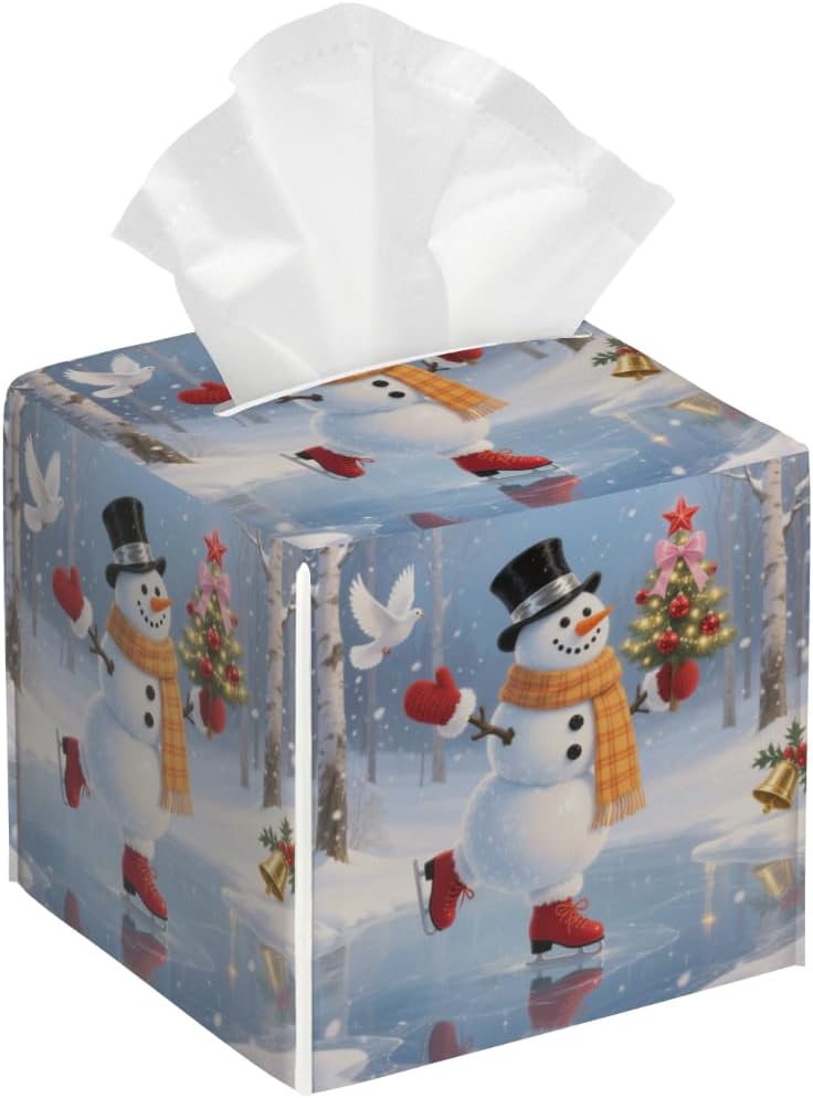 Snowman Figure PU Leather Square Tissue Box Cover - Colorful Decorative Holder for Car, Bathroom, Bedroom & Desk - Image 1