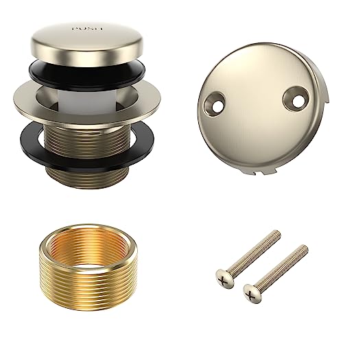 Citymoor All Metal Tip-Toe Bathtub Drain Kit with Two-Hole Overflow Faceplate and Universal Fine/Coarse Thread Assembly, Bath Tub Drain Kit fits All Bathtub -Brushed Nickel - Image 1